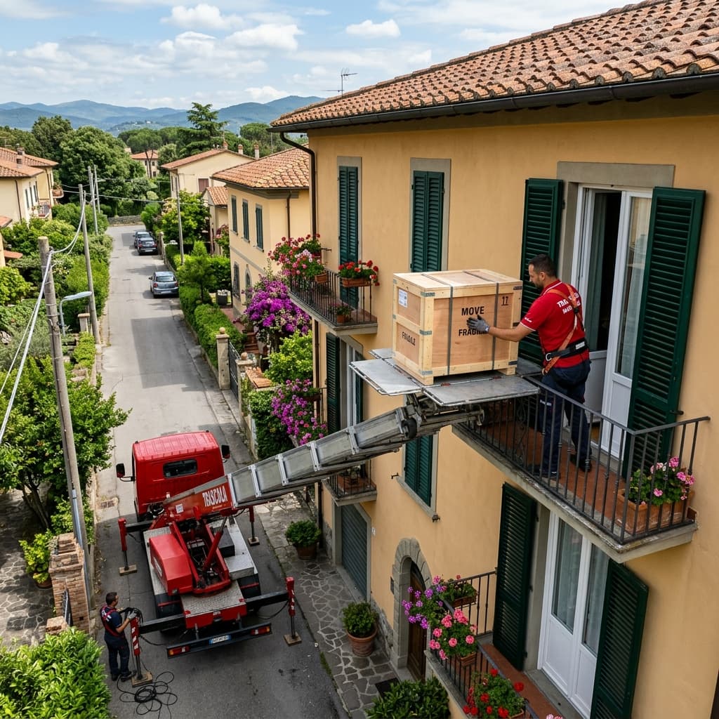 Autoscala in funzione durante un trasloco a Fiorenzuola d'Arda