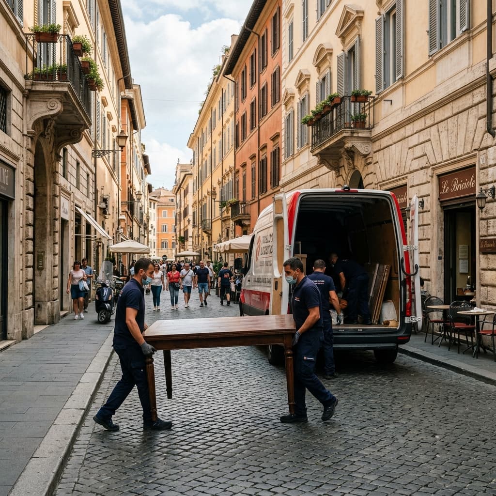 Professionisti al lavoro durante un trasloco nel centro di Parma