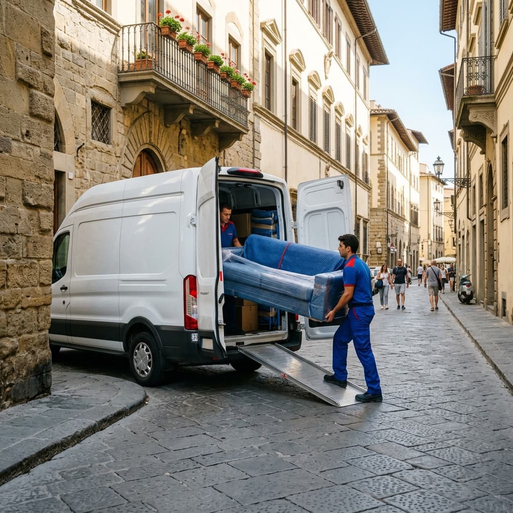 Furgone traslochi e operatori al lavoro nel centro di Piacenza